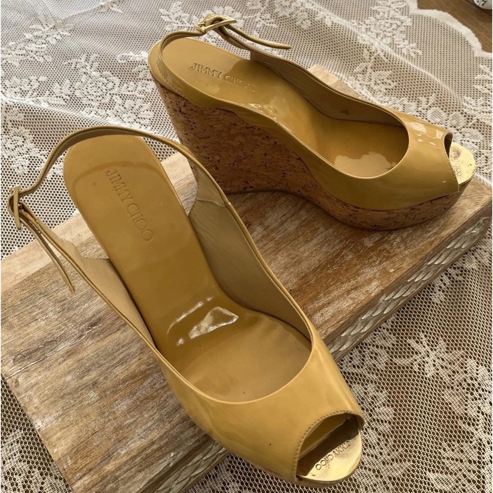 Jimmy Choo Praise Cork Patent Leather Yellow Platform Slingback Wedge S 38.5 - Picture 2 of 14